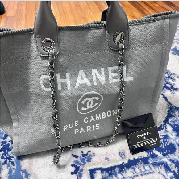 CHANEL Gray Canvas Tote with Silver Chain - Picture 1 of 3